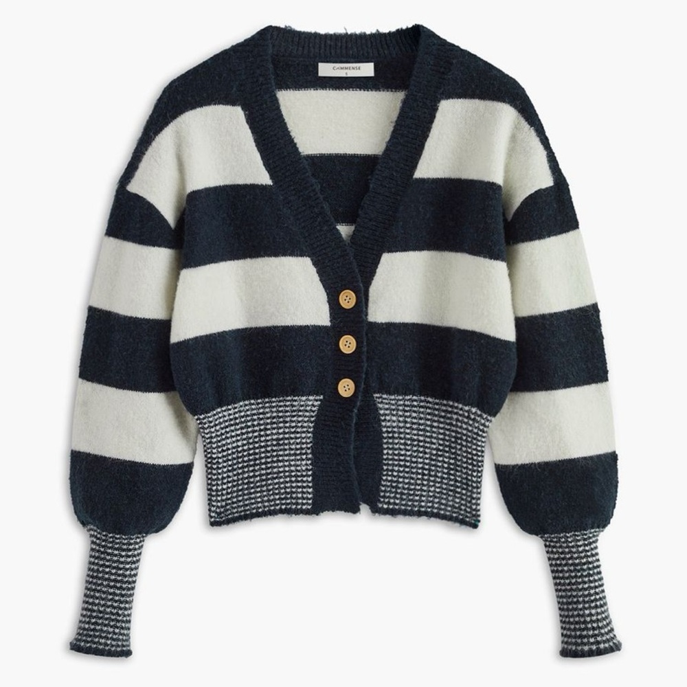 Commense Navy and White Striped V-Neck Button Cardigan